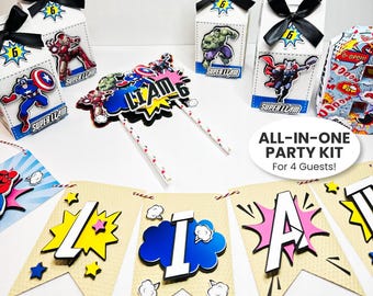 Superhero Party Package for 4 Kids Avengers Birthday Decorations Banner Cake Topper Favor Boxes Hulk Thor Captain America Iron Man