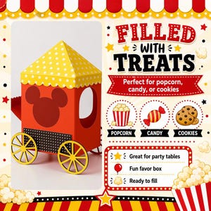 May include: A red and yellow paper train-shaped box with Mickey Mouse ears, designed to hold treats. The box has yellow wheels and a yellow roof with white polka dots. Text on the image reads "FILLED WITH TREATS" and "Perfect for popcorn, candy, or cookies."