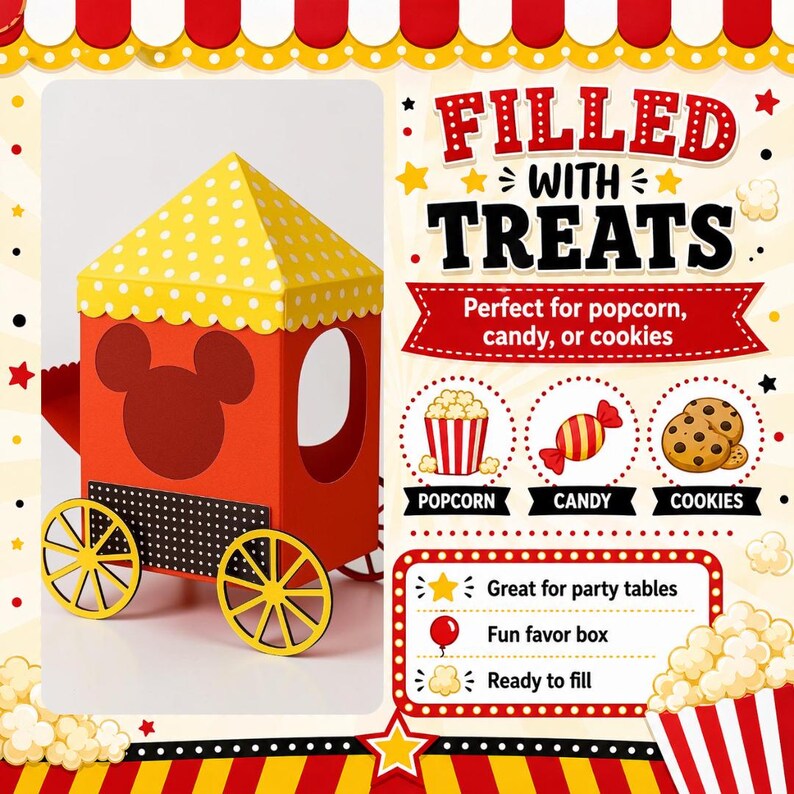 May include: A red and yellow paper train-shaped box with Mickey Mouse ears, designed to hold treats. The box has yellow wheels and a yellow roof with white polka dots. Text on the image reads "FILLED WITH TREATS" and "Perfect for popcorn, candy, or cookies."