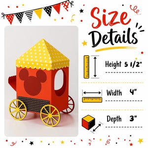 May include: A red and yellow paper train-shaped box with a Mickey Mouse silhouette. The box has yellow wheels and a yellow roof with white polka dots. The height is 5.5 inches, width is 4 inches, and depth is 3 inches. The text "Size Details" is visible.