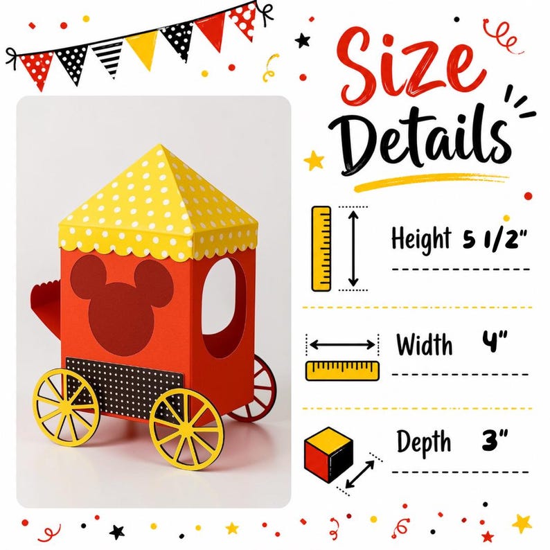 May include: A red and yellow paper train-shaped box with a Mickey Mouse silhouette. The box has yellow wheels and a yellow roof with white polka dots. The height is 5.5 inches, width is 4 inches, and depth is 3 inches. The text "Size Details" is visible.