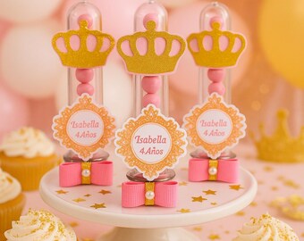 Princess Crown Candy Favor Tubes Personalized Girls Birthday Party Favors Pink Gold Royal Theme