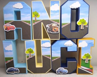 Litery 3D z motywem samochodów | Spersonalizowane dekoracje na imprezę z motywem samochodów | Dekoracje urodzinowe z motywem Zygzaka McQueena | Artykuły imprezowe z motywem Route 66 | Możliwość personalizacji