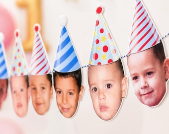 Custom Baby Face 1st Birthday Banner Colorful Party Hats Personalized Photo Garland Birthday Decoration Photo Backdrop