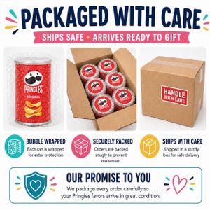 The image is a promotional graphic for Pringles, featuring a Pringles Original can, a Pringles can in a cardboard box, and a Pringles can in a bubble wrap. The text highlights the care taken in packaging the Pringles, including bubble wrapping, securely packing, and shipping in a sturdy box. The image also includes a promise to deliver the Pringles in great condition.