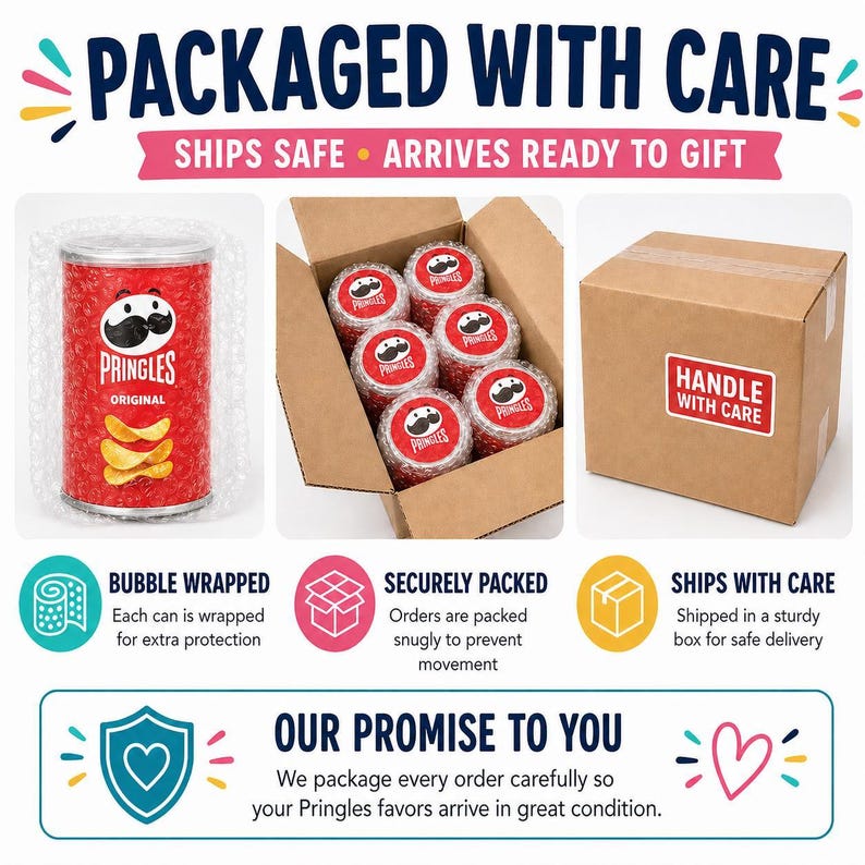The image is a promotional graphic for Pringles, featuring a Pringles Original can, a Pringles can in a cardboard box, and a Pringles can in a bubble wrap. The text highlights the care taken in packaging the Pringles, including bubble wrapping, securely packing, and shipping in a sturdy box. The image also includes a promise to deliver the Pringles in great condition.