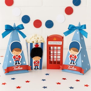 London Gastgeschenk Boxen Set | Britische Garde Popcornbox, Pyramidenboxen & rote Telefonzelle | Babyparty-Geburtstagsdekoration
