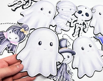 Conjunto de guirlandas de fantasmas e esqueletos para o Halloween, 2 peças, decoração de festa assustadora | Feito à mão em Nova Jersey | 11 peças no total