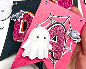 Banner rosa de Halloween para decoração de festa com fantasmas, banner "Feliz Dia Assustador" para festa de aniversário com tema de Halloween para meninas.