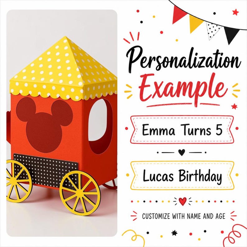 May include: A red and yellow paper train with Mickey Mouse ears cutouts. The train has yellow wheels and a yellow roof with white polka dots. Text on the right says "Personalization Example" and "Emma Turns 5" and "Lucas Birthday".