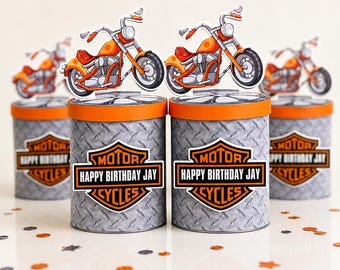 Pringles naranjas para moteros, aperitivos de cumpleaños con temática de motociclistas, dulces para fiestas al estilo Harley, latas de patatas fritas personalizadas para niños.