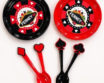Casino Plates and Spoons Personalized Name Vegas Birthday Table Decor Set Adult Poker Night Supplies 6 10 or 18