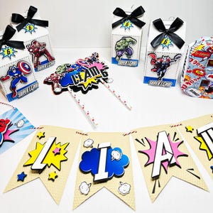 Superhero Party Decoration Bundle – Comic Style Birthday Kit with Banner, Cake Topper, Favor Boxes, Cupcake Toppers, 3D Number