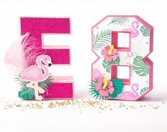 Decoración de mesa para fiesta de cumpleaños de flamenco tropical, letra o número 3D personalizado para niña, centro de mesa para tarta de verano rosa