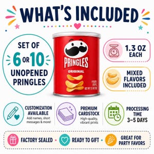 The image is a promotional graphic for Pringles, featuring a red can with a cartoon mustache and a variety of text and icons highlighting the contents of the set.