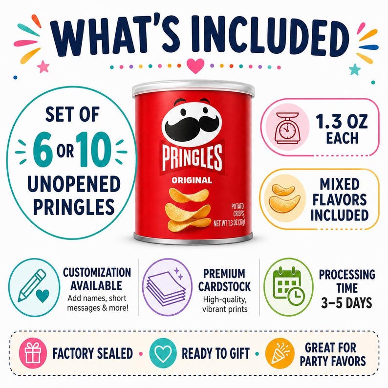 The image is a promotional graphic for Pringles, featuring a red can with a cartoon mustache and a variety of text and icons highlighting the contents of the set.