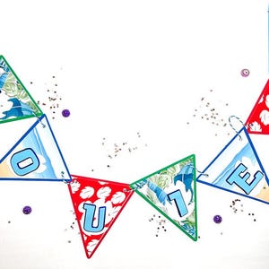 May include: A blue, green, and red triangular banner with the word "L-O-U-I-E" spelled out in blue letters. The banner is decorated with a cartoon character and a beach theme.
