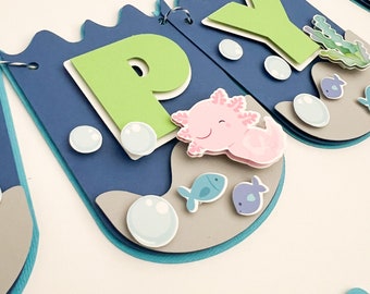 Pancarta de cumpleaños con ajolote azul, decoración temática del océano, letrero de primer cumpleaños, guirnalda de salamandra, artículos para fiesta de niño