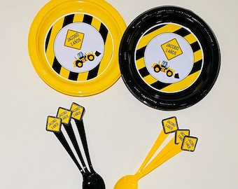 Construction Party Plates with Spoons – Dump Truck Kids Birthday Tableware – Builder Theme Party Decor – Under Construction Plates
