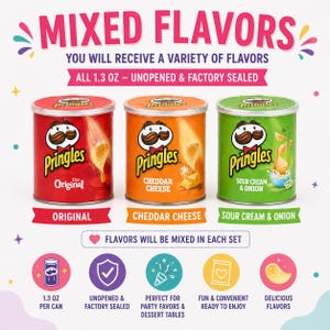 The image is an advertisement for Pringles, featuring three different flavors of Pringles: Original, Cheddar Cheese, and Sour Cream & Onion. The ad highlights that the flavors will be mixed in each set, and it includes icons for the flavors, such as a jar of Pringles, a heart, and a slice of pizza. The ad also mentions that the flavors are 1.3 oz each, and they are factory sealed, making them perfect for party favors and dessert tables.