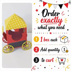 May include: A red and yellow decorative box shaped like a train car, featuring a Mickey Mouse silhouette. The box has yellow wheels and a polka-dotted roof. The image also includes instructions: "Order exactly what you need."