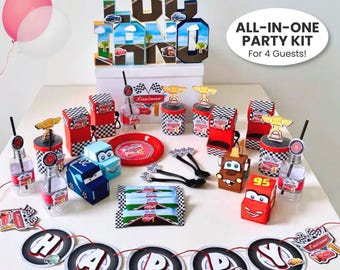 Cars Party Bundle | Lightning McQueen Birthday Supplies | 3D Letters, Banner, Favors, Candy, Plates & Race Car Decor