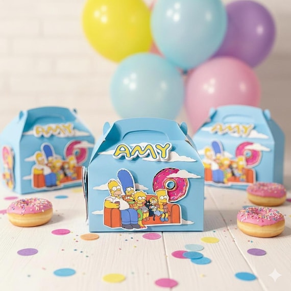 Simpsons Party Favor Personalized Gable Box Colorful Birthday Theme - Sturdy Cardstock 80s Nostalgia Kids Party Supplies Ready to Fill