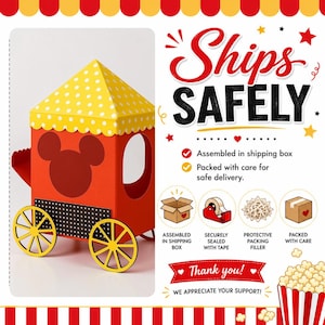 May include: A red and yellow paper train-shaped gift box with Mickey Mouse ears on the front. The box has yellow wheels and a yellow and white polka-dot roof. Text on the image reads "Ships Safely" and "Thank you!"