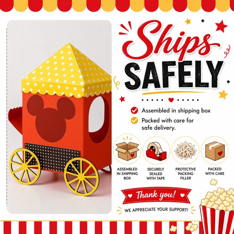 May include: A red and yellow paper train-shaped gift box with Mickey Mouse ears on the front. The box has yellow wheels and a yellow and white polka-dot roof. Text on the image reads "Ships Safely" and "Thank you!"