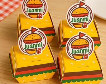 Burger Party Favor Boxes Kids Snack Holders Mini Burger Design - Handmade Cardstock Ready To Fill Treats