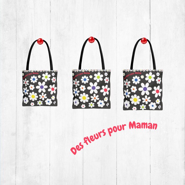 Joli sac pour Maman, cadeau for fête des mères ou anniversaire, Fun retro bold floral tote bag, White daisy design, Useful shopping gift