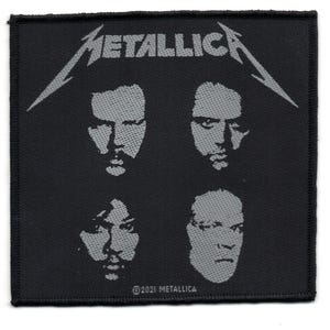 May include: Black and white patch with the word "Metallica" in a stylized font. The patch features four black and white portraits of the band members.