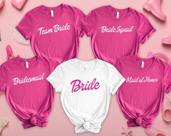 Camisetas de fiesta nupcial, camisas de despedida de soltera, camisas nupciales rosas, novia, hecha de honor, dama de honor, novia del equipo, escuadrón de novias, regalo nupcial