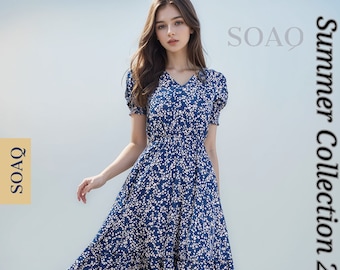 Floral Pattern Short Sleeve Midi Summer Women Sun Dress | Boho Summer Women Sun Dress Gift For Her Perfect for Beach & Parties Dress