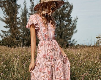 Short Butterfly Sleeve Summer Women Maxi Dress Summer Floral Boho Dresses for Women | Floral Boho Dress Pattern Summer Dress Floral Pattern