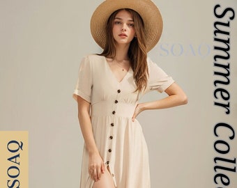 Women's Summer Short Sleeve Midi Solid Pattern Dress | V-Neck Boho Summer Sun Dresses Gift For Her Perfect Beach & Parties Dress