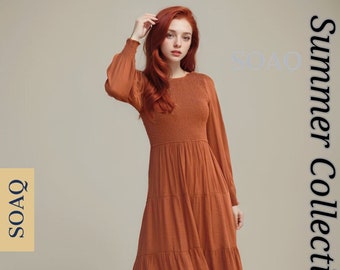 Autumn Women Midi Long Sleeve Solid Dress | Bohemian Crew-Neck Fall Dresses Collection for Women Autumn Boho Dresses Wedding Gift for Her