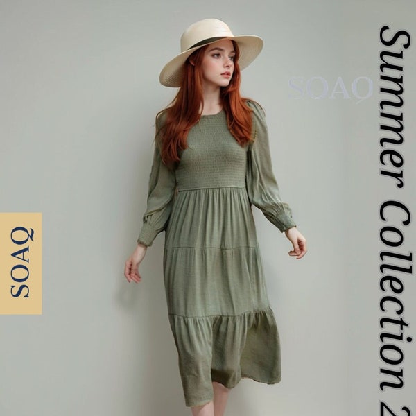 Abito midi da donna autunnale a maniche lunghe Boho / Abiti midi solidi autunnali a maniche lunghe per donne / Perfetto per l'autunno e l'abbigliamento autunnale per lei