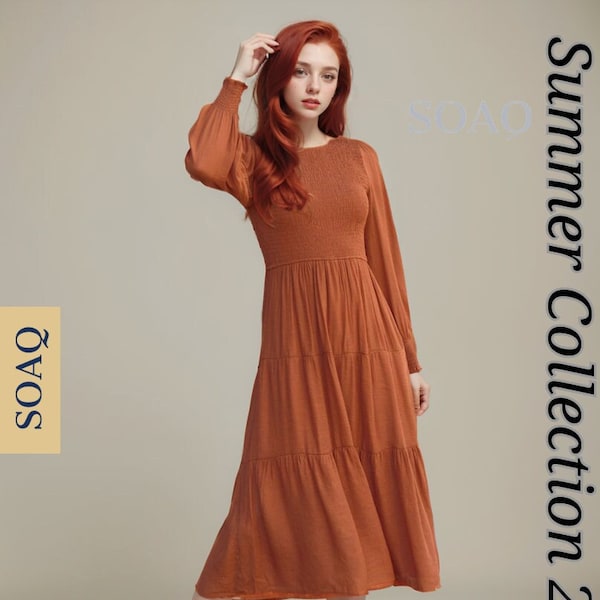 Autumn Women Midi Long Sleeve Solid Dress | Bohemian Crew-Neck Fall Dresses Collection for Women Autumn Boho Dresses Wedding Gift for Her