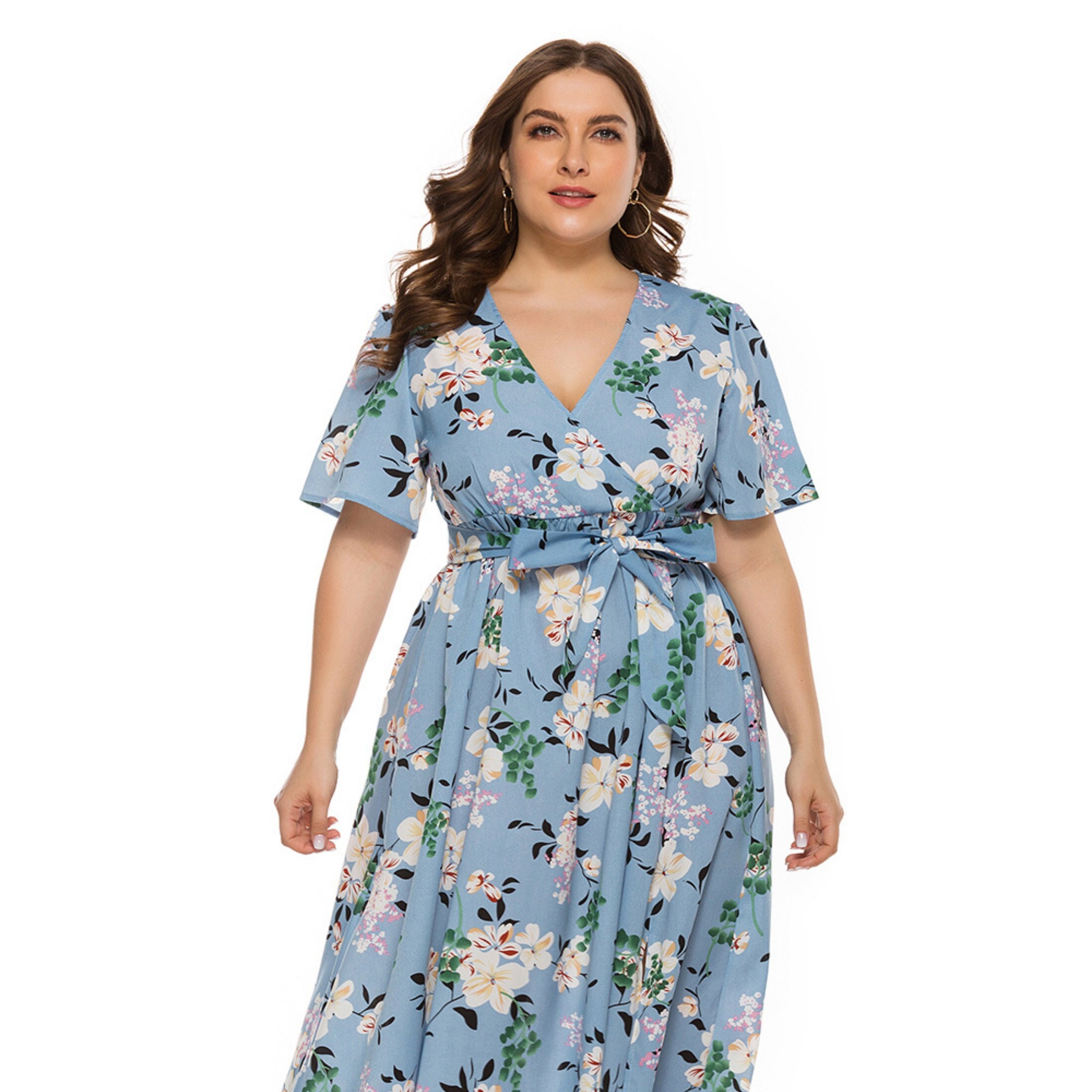Half Sleeve Women Floral Plus Size Dress Maxi Dress Belted - Etsy UK