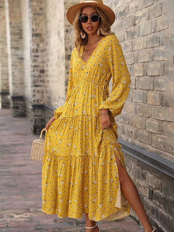 Long Sleeve Autumn Women Maxi Dress Floral Boho Fall Dresses - Etsy Polska