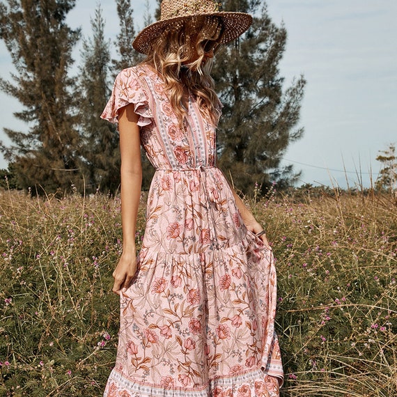 SoaqFashion Short Butterfly Sleeve Summer Women Maxi Dress Summer Floral Boho Dresses for Women | Floral Boho Dress Pattern Summer Dress Floral Pattern