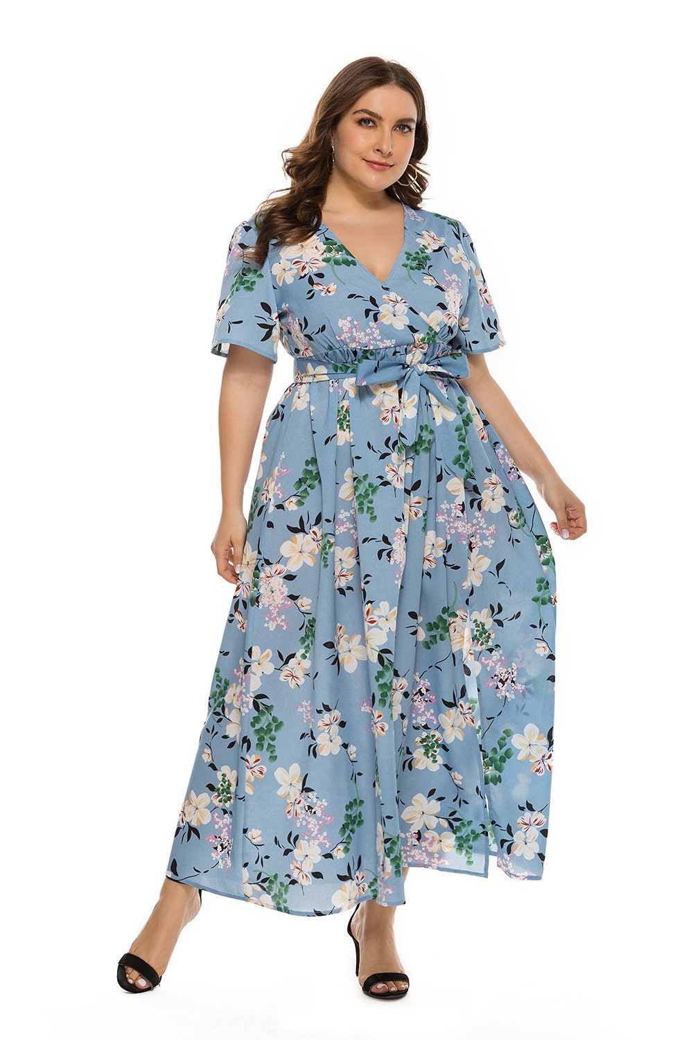 Half Sleeve Women Floral Plus Size Dress Maxi Dress Belted - Etsy UK