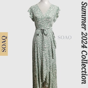 Short Sleeve Summer Women Maxi Dress Summer Floral Boho Sun Dresses for Women Beautiful Summer Floral Pattern Summer Boho Dresses Gift Green