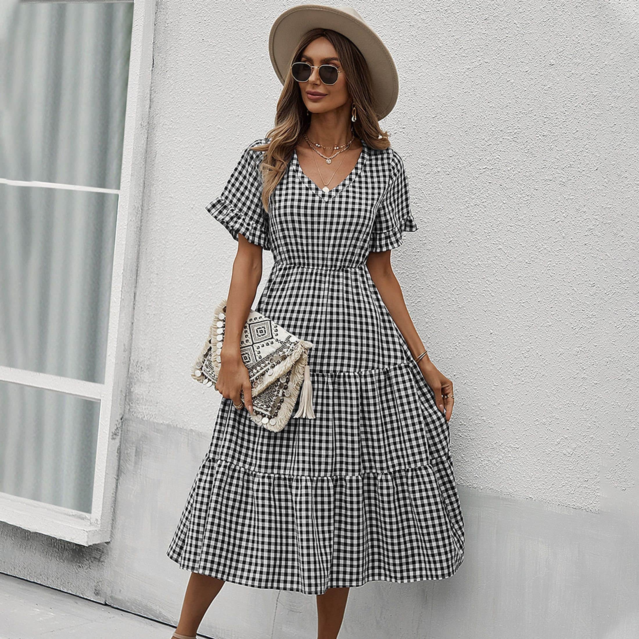 black and white plaid midi dress