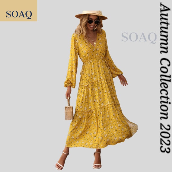 Long Sleeve Autumn Women Maxi Dress Floral Boho Fall Dresses for