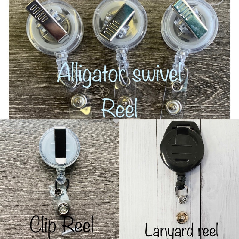 May include: Clear plastic badge reels with silver alligator clips, a clip reel, and a lanyard reel. The text "Alligator swivel Reel" and "Clip Reel" are visible. The lanyard reel is black.