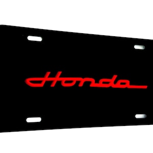 Black Gloss Front VANITY PLATE Compatible with Honda, Featuring Red Classic Script Emblem