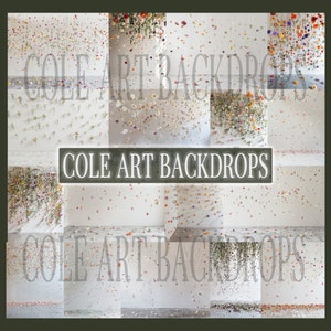 Peut inclure: Un collage de neuf images représentant des murs blancs décorés de toiles de fond florales. Chaque image montre une disposition différente de fleurs, y compris des fleurs blanches, roses et jaunes. Le texte "COLE ART BACKDROPS" apparaît au centre du collage.