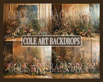 Puede incluir: Dos fondos digitales con un fondo rústico texturizado y un arreglo floral de flores secas y vegetación. El texto "COLE ART BACKDROPS" se muestra en el centro de la imagen.